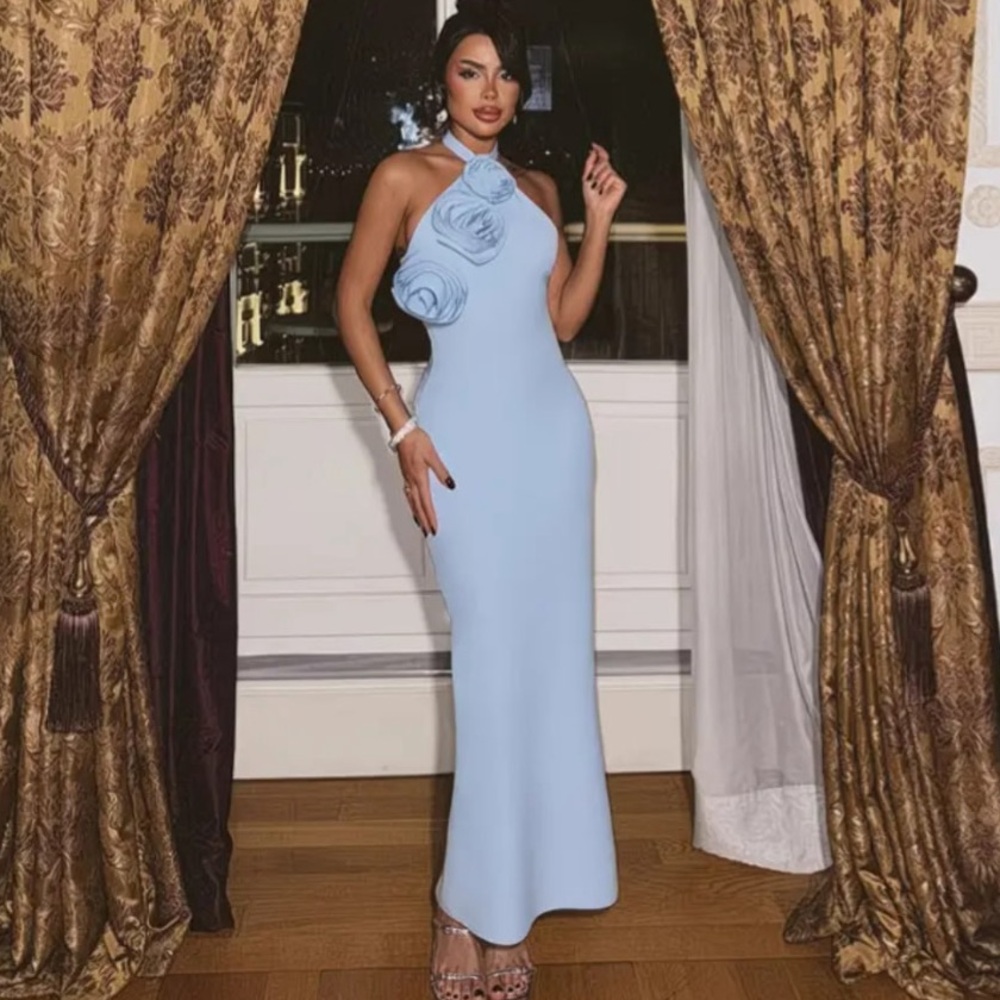 Elegant Light Blue Halter Evening Dress with Rosette Detail